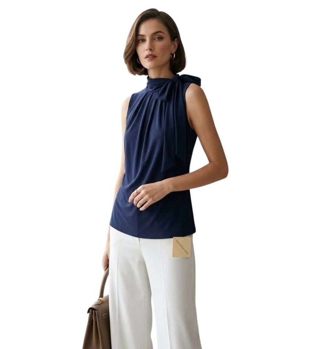 Tiffany & Gray Navy High Neck Tie Blouse NWT Size L Petite